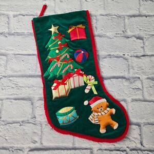 VTG Christmas Tree Gift Green Velvet Christmas Stocking Applique Drum Teddy Bear